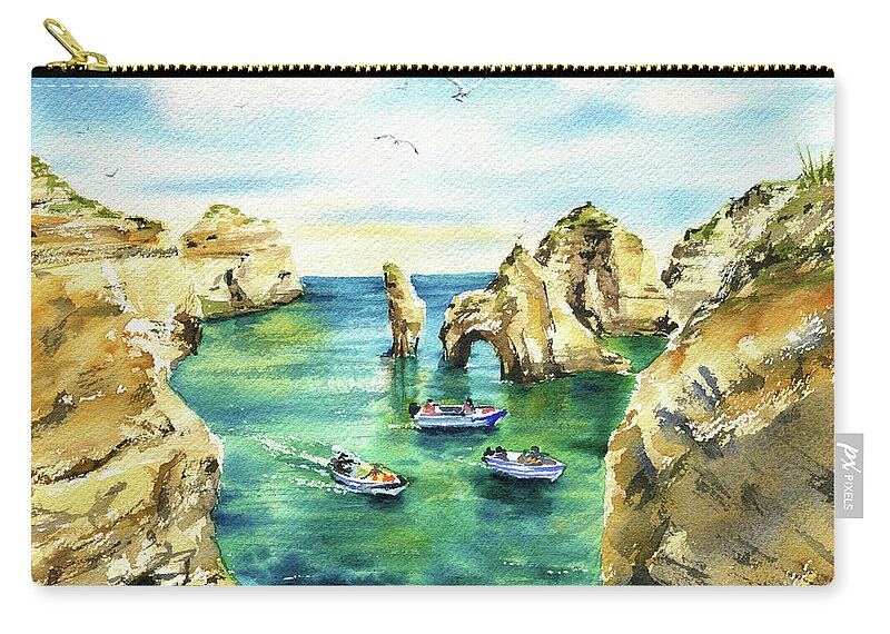 Portugal Zip Pouch featuring the painting Lagos Algarve Ponta Da Piedade by Dora Hathazi Mendes