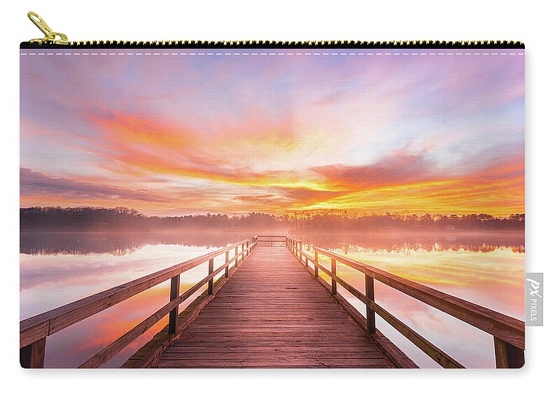 Lake Lamar Bruce Zip Pouch featuring the photograph Lake Lamar Bruce And Fog Rolling In by Jordan Hill