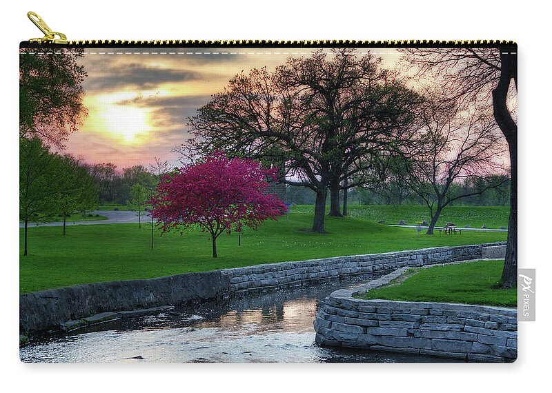 Lake Leota Evansville Wi Allen Creek Disc Golf Water Cherry Blooming Flowering Sunset Zip Pouch featuring the photograph Lake Leota Allen Creek Sunset by Peter Herman