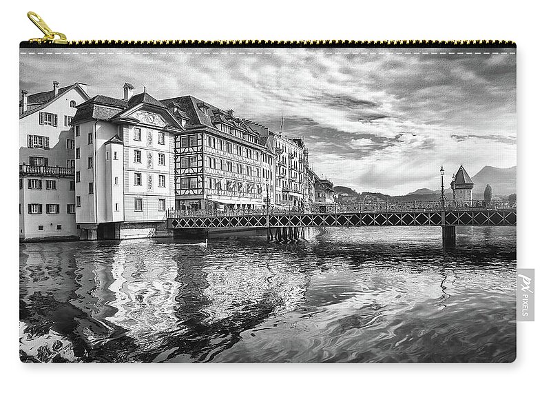 Lucerne Zip Pouch featuring the photograph Lake Lucerne Black and White by Carol Japp