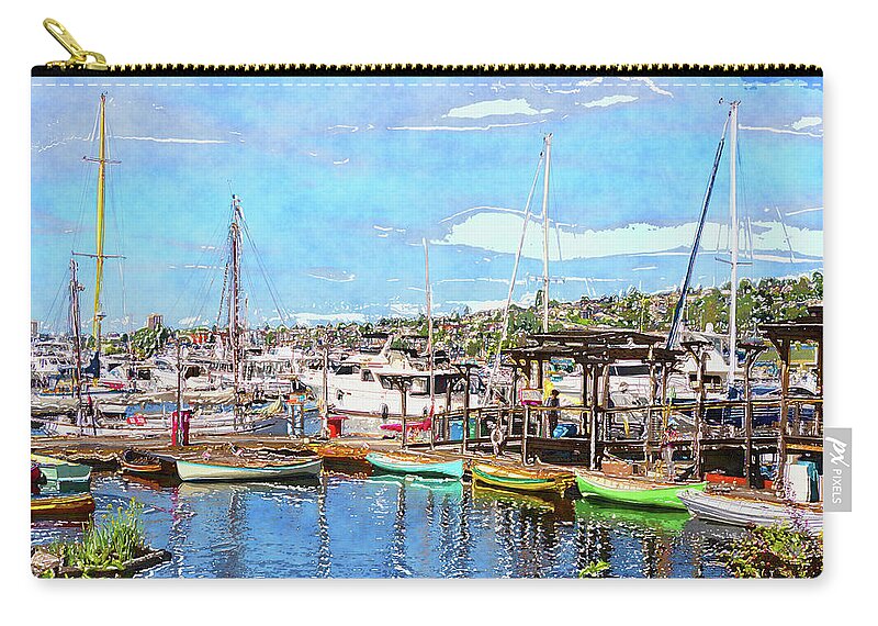 Lake Union Seattle Carry-all Pouch featuring the digital art Lake Union Marina by SnapHappy Photos