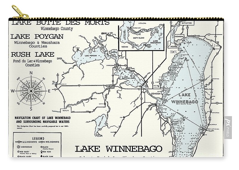 Map Zip Pouch featuring the digital art Lake Winnebago-Poygan-Rush-Butte Des Morts Wisconsin Map by Jean Plout