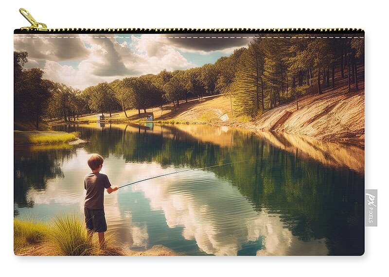 Boy Zip Pouch featuring the photograph Lakeside Angling by Bill and Linda Tiepelman