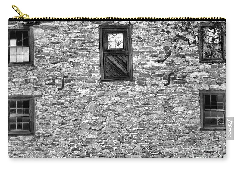 Mill Zip Pouch featuring the photograph Lancaster Mill Windows Black And White by Adam Jewell
