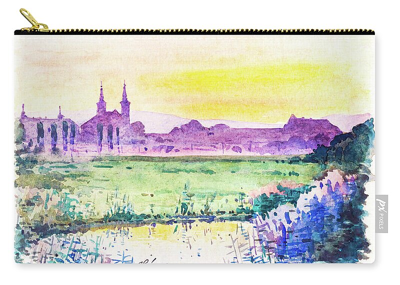 1930s Carry-all Pouch featuring the painting Landscape with city silhouette at sunset, Dalmatia, 1938 by Viktor Wallon-Hars