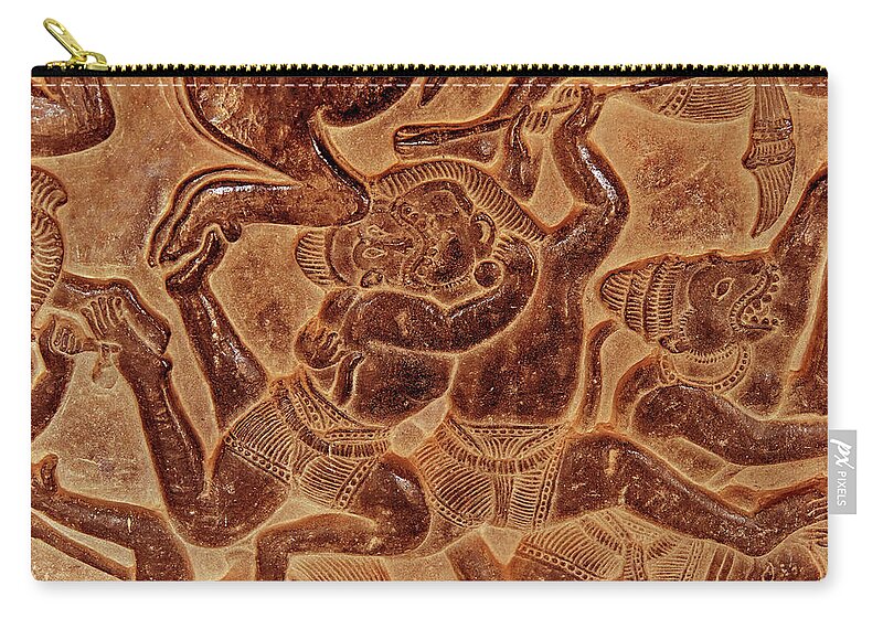 Angkor Wat Zip Pouch featuring the photograph Langka battle, carved bas relief from Ramayana by Steve Estvanik