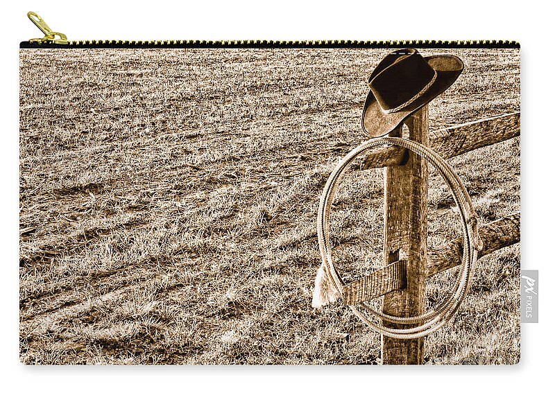 West Zip Pouch featuring the photograph Lasso and Hat on Fence Post - Sepia by Olivier Le Queinec