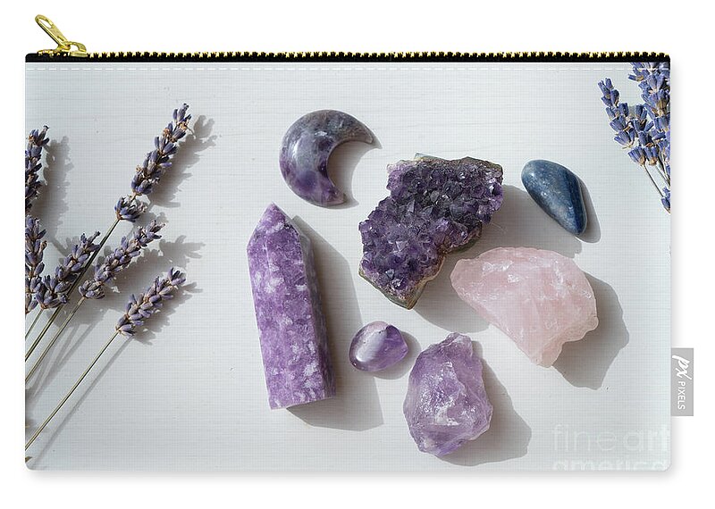 Healing Crystal Zip Pouch featuring the photograph Lavender and Crystals by Anastasy Yarmolovich