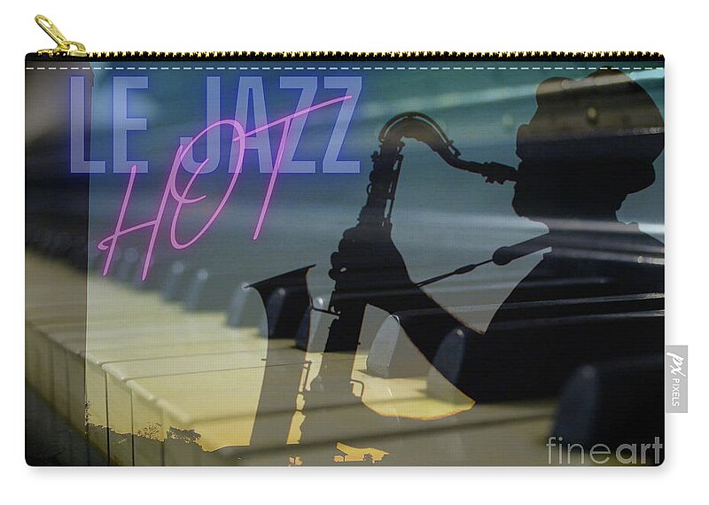 Jazz; Saxophone; Piano; Piano Keys; Music; Musician; Neon; Double Exposure; Silhouette; Horizontal; Moody; Shadows; Zip Pouch featuring the photograph Le Jazz Hot by Tina Uihlein