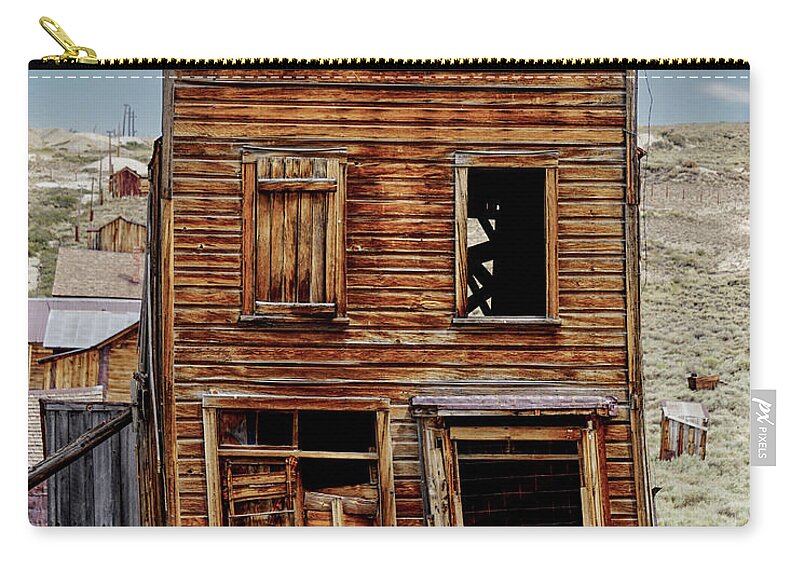 Bodie State Historic Park Zip Pouch featuring the photograph Leaning Building Bodie by Brett Harvey