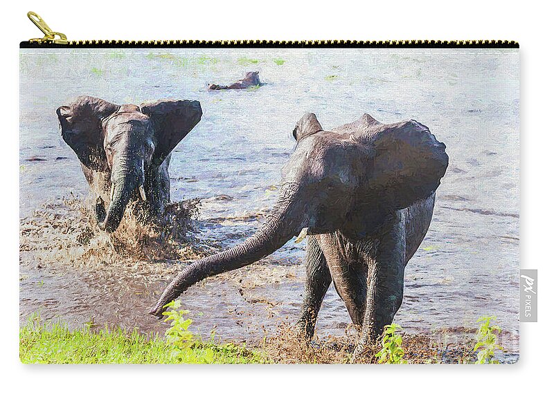 African Elephant Zip Pouch featuring the digital art Leaving the River by Liz Leyden