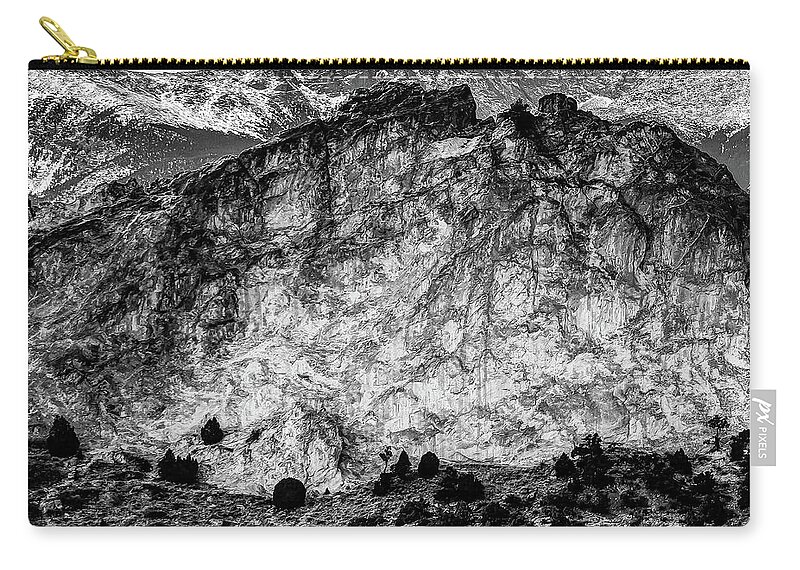 Colorado Springs Zip Pouch featuring the photograph Left Panel 1 of 3 - Pikes Peak Panoramic Mountain Landscape with Garden of the Gods in Monochrome by Gregory Ballos