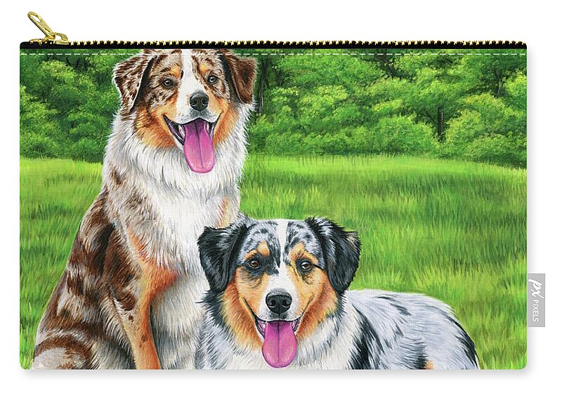 Australian Shepherd Zip Pouch featuring the painting Lego and Drew by Rebecca Wang