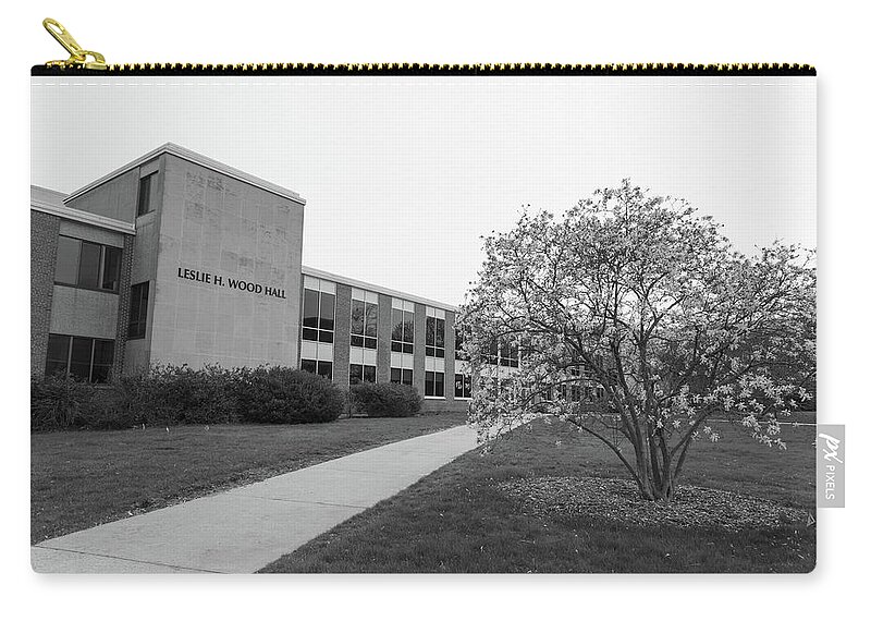 Western Michigan University Zip Pouch featuring the photograph Leslie H. Wood Hall at Western Michigan University in black and white by Eldon McGraw