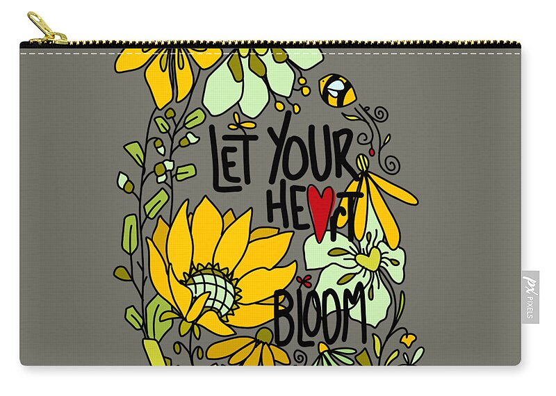 Let Your Heart Bloom Zip Pouch featuring the digital art Let Your Heart Bloom - Mint Green and Yellow and Black Line Art by Patricia Awapara