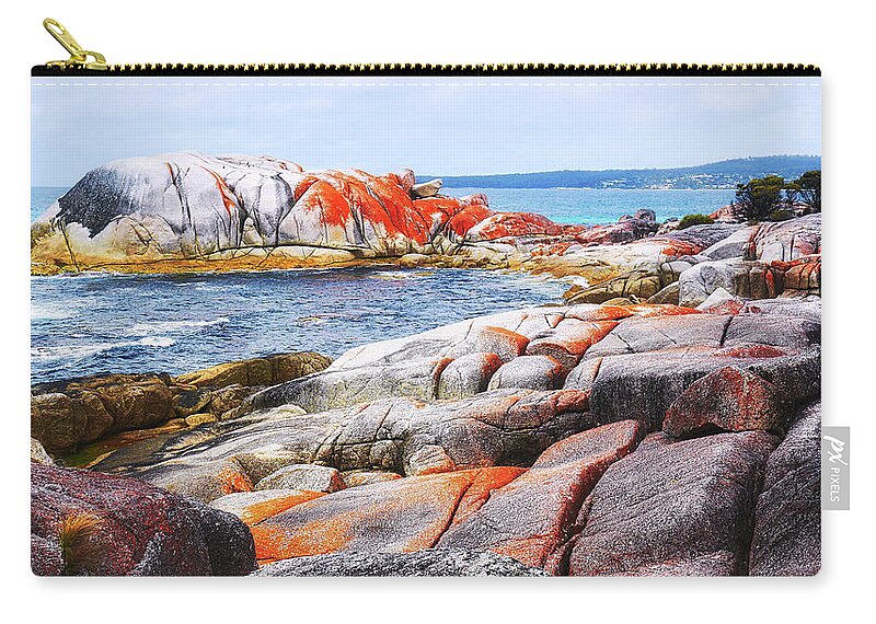 Tantalising Zip Pouch featuring the photograph Lichen Covered Rocks by Lexa Harpell
