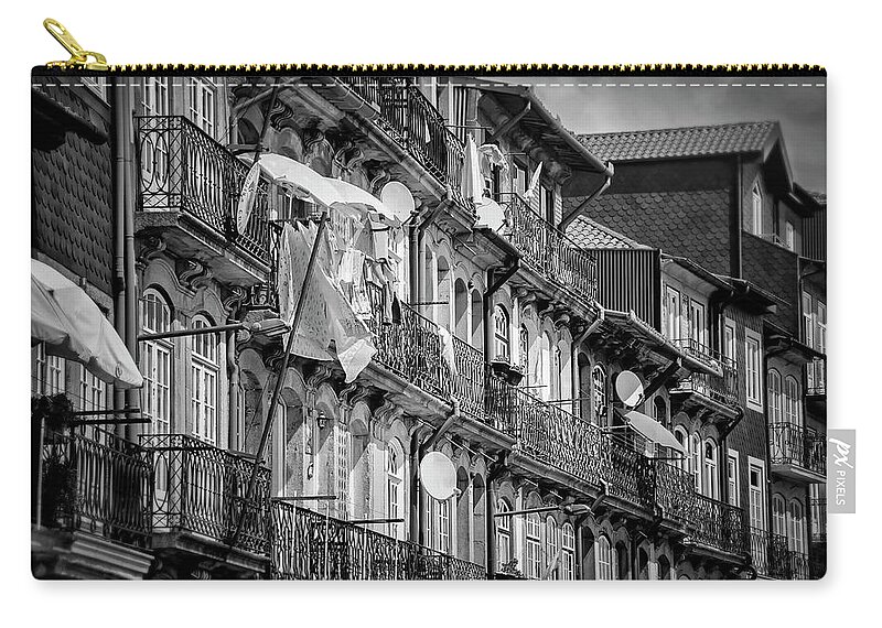 Porto Zip Pouch featuring the photograph Life in Ribeira Porto Black and White by Carol Japp