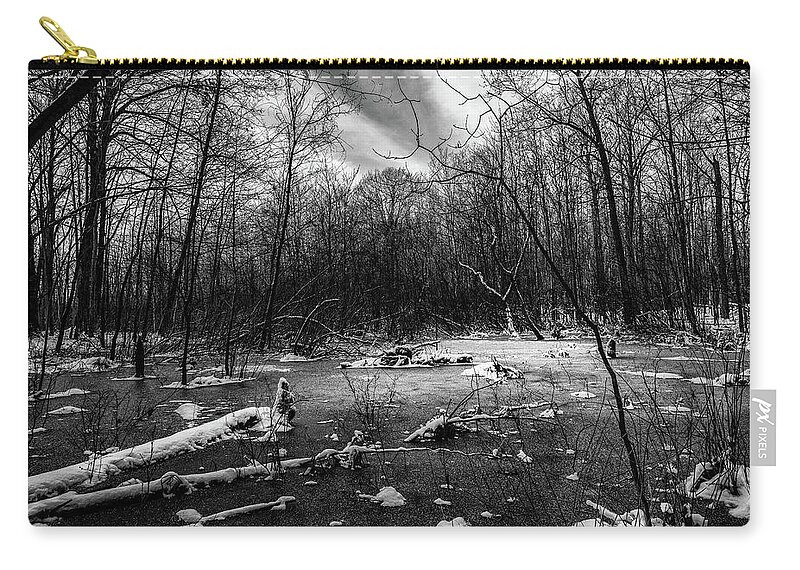 Halls Lake Zip Pouch featuring the photograph Light in the frozen swamp by Nathan Wasylewski