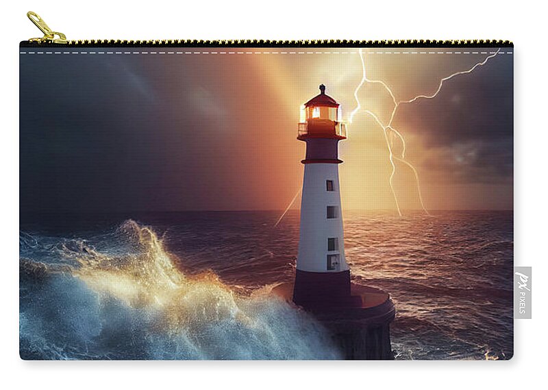 Lighthouse Zip Pouch featuring the digital art Lighthouse 07 Waves and Stormy Weather by Matthias Hauser