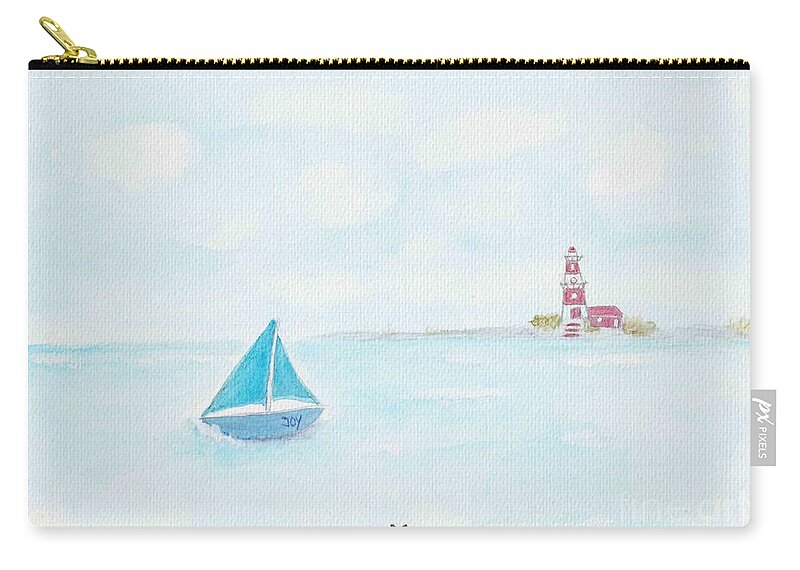 Lighthouse Zip Pouch featuring the painting Lighthouse, a Sailboat and a Cat on the Beach by Renate Janssen