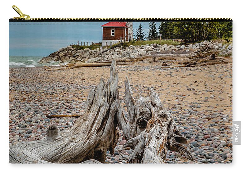 Crisp Point Zip Pouch featuring the photograph Lighthouse Crisp Point Driftwood -0290 by Norris Seward