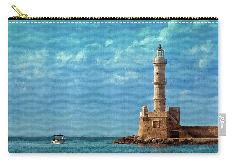 Landscape Zip Pouch featuring the painting Lighthouse Old Venetian Harbor Chania Crete - DWP2104591 by Dean Wittle