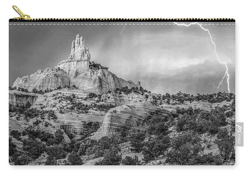 Vertical Sunset Weather Heavens Scenic And Landscape Autumn Fall Zip Pouch featuring the photograph Lightning strikes near Church Rock at Red by Tim Fitzharris