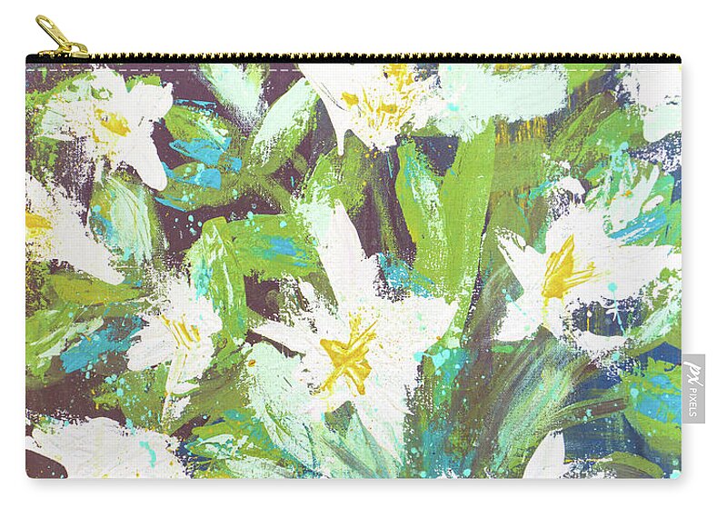 Lilies Zip Pouch featuring the painting Lilies in Teal Polka Dots by Joanne Herrmann