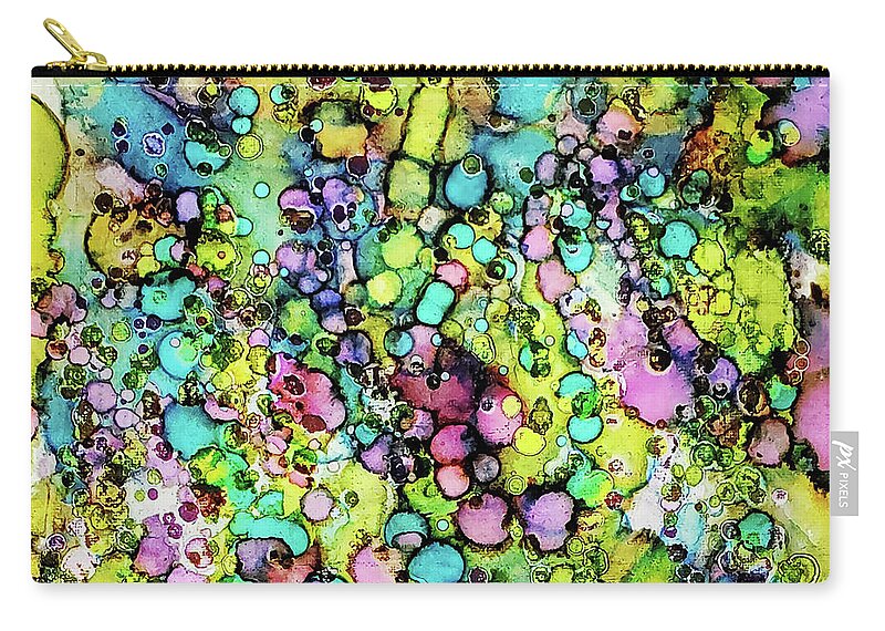 Alcohol Ink Zip Pouch featuring the mixed media Lime green, pink and aqua blue by Karla Kay Benjamin