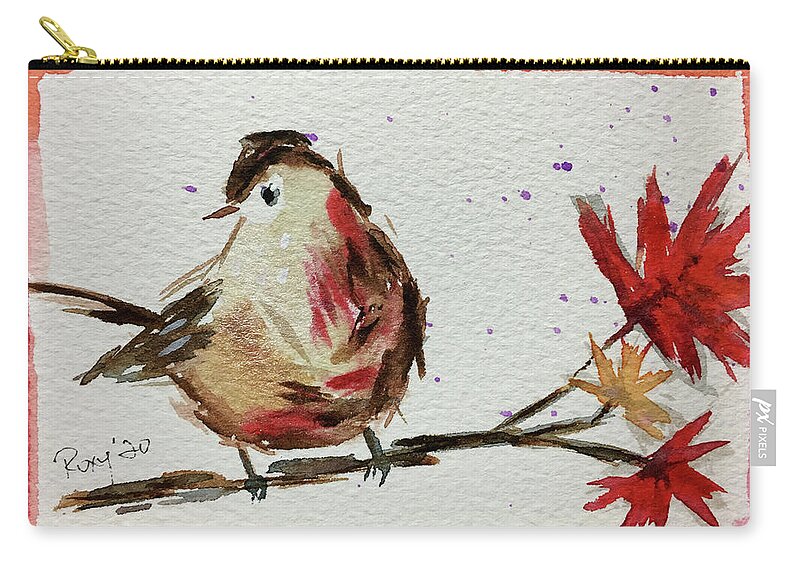 Grand Tit Zip Pouch featuring the painting Lincolns Sparrow on a Maple Branch by Roxy Rich