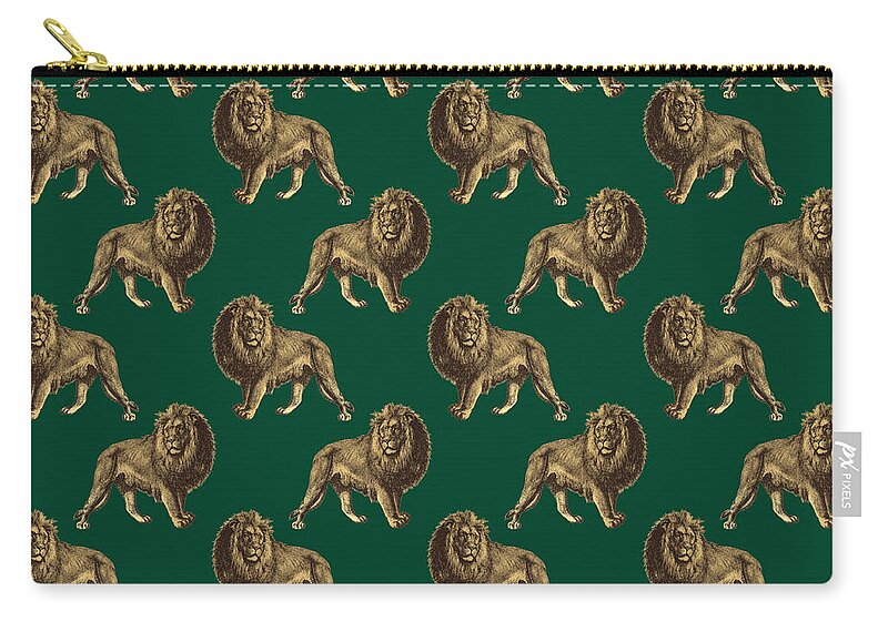 Green Lion Pattern Zip Pouch featuring the digital art Lion Pattern by Sweet Birdie Studio