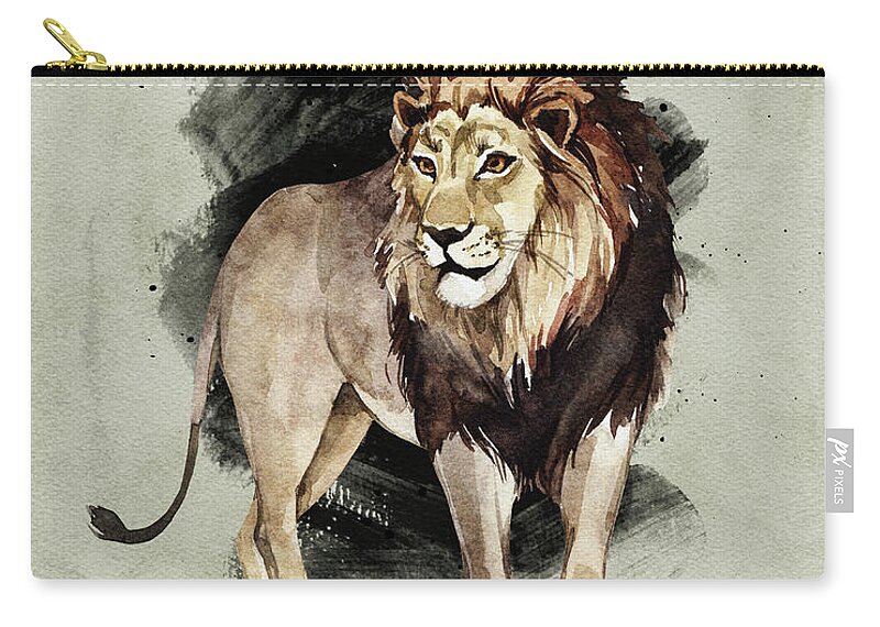 Lion Zip Pouch featuring the painting Lion Watercolor Animal Art Painting by Garden Of Delights