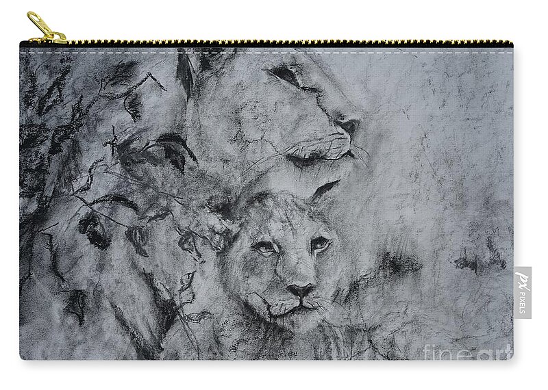 Africa Zip Pouch featuring the drawing Lioness And Her Cub by Radha Rao