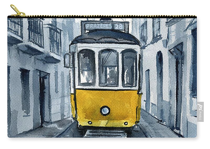 Tram Zip Pouch featuring the painting Lisbon 28 Yellow Tram in Alfama by Dora Hathazi Mendes