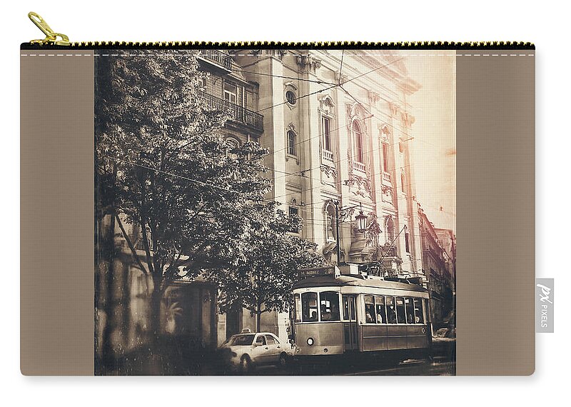 Lisbon Carry-all Pouch featuring the photograph Lisbon City Tram 28 Vintage Sepia by Carol Japp