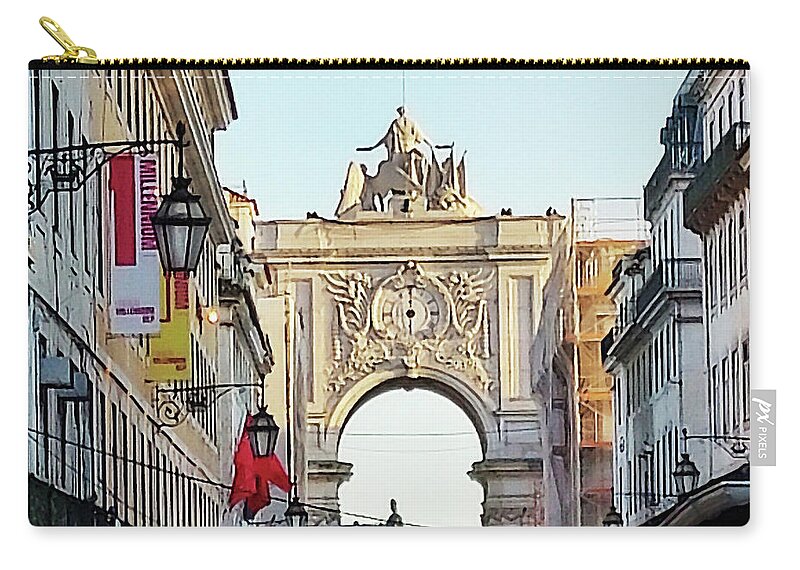 Lisbon Arch Zip Pouch featuring the digital art Lisbon Downtown Plaza Praca do Comercio Augusta Street Arch by Irina Sztukowski