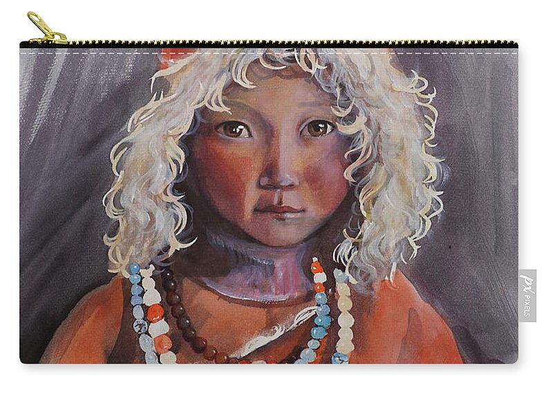 Little Girl Zip Pouch featuring the painting Little Girl by Munkhzul Bundgaa