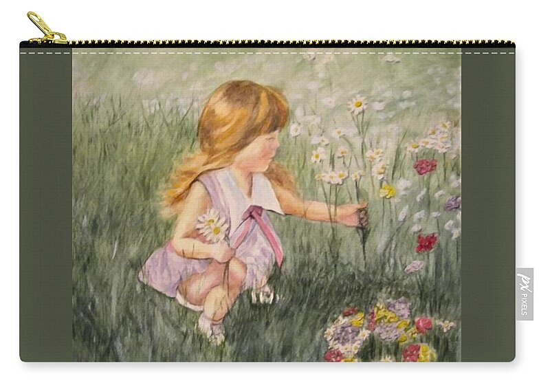 Little Girl Painting Carry-all Pouch featuring the mixed media Little Girl Picking Flowers by Kelly Mills