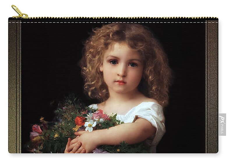 Little Girl With Flowers Carry-all Pouch featuring the painting Little Girl With Flowers by William-Adolphe Bouguereau by Rolando Burbon