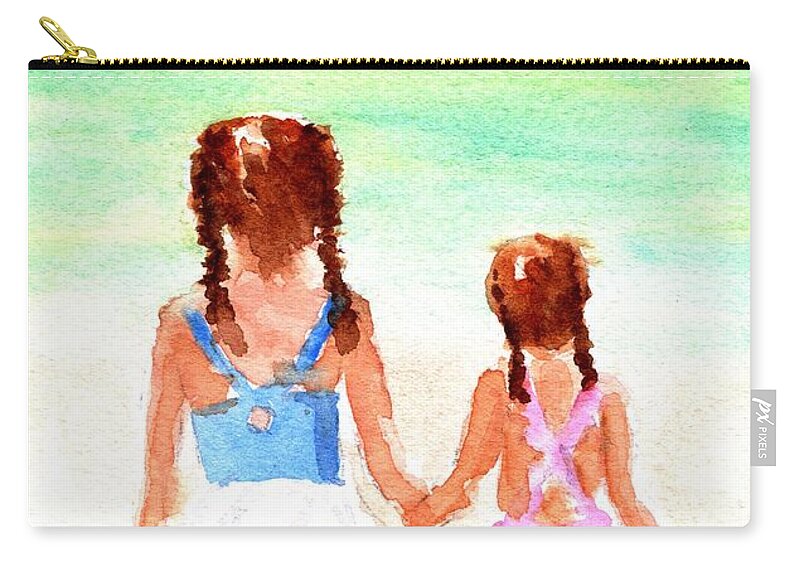 Little Sisters Zip Pouch featuring the painting Little Girls at the Beach by Carlin Blahnik CarlinArtWatercolor