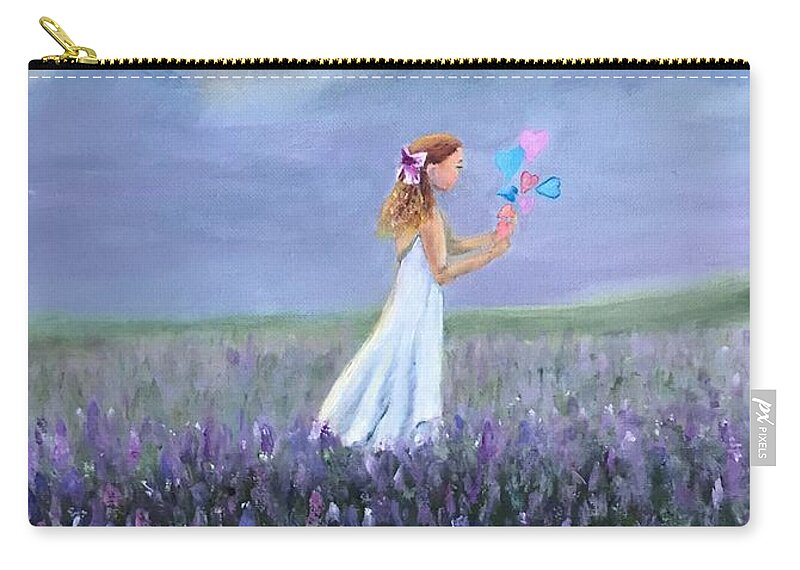 Girl Carry-all Pouch featuring the painting Little Girls, Hearts and Flowers by Deborah Naves
