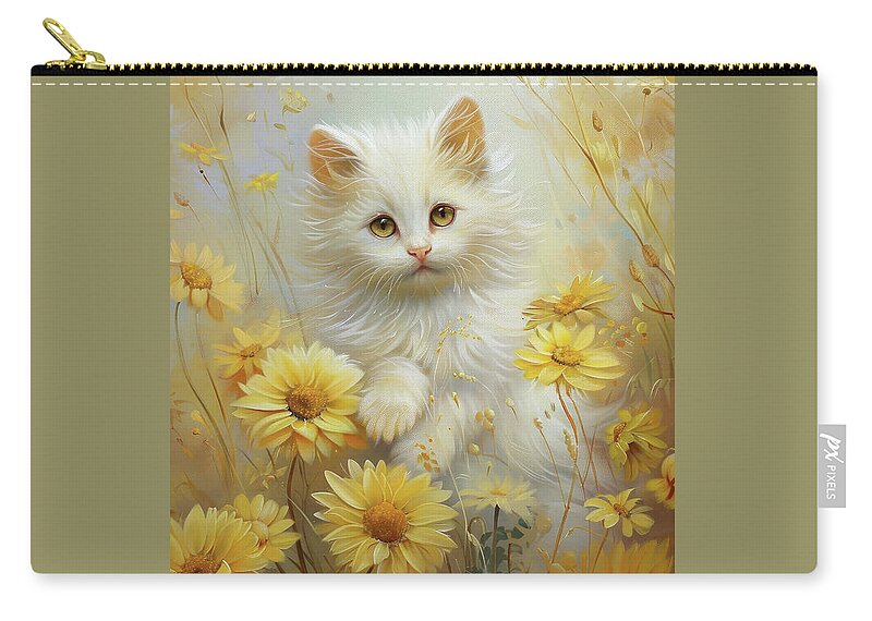 Cat Zip Pouch featuring the painting Little Kitten In The Daisies by Tina LeCour