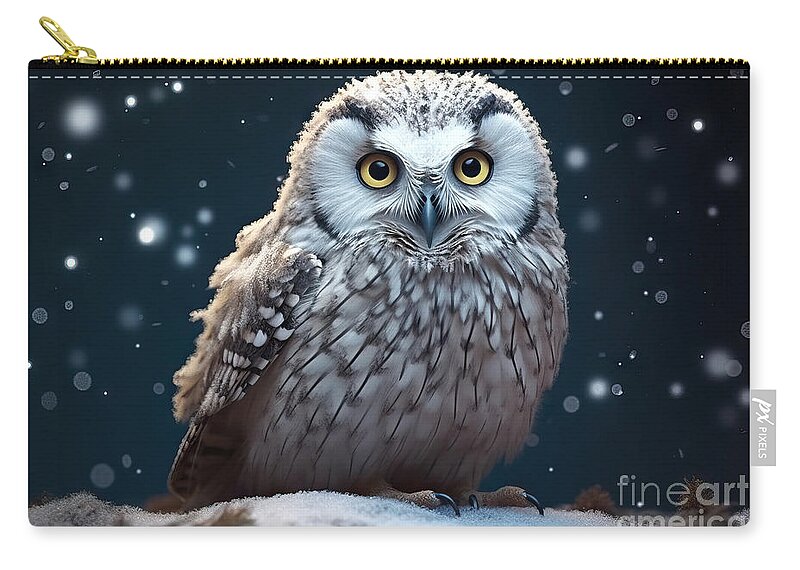 Generative Zip Pouch featuring the painting Little snow owl in snowy winter day. by N Akkash