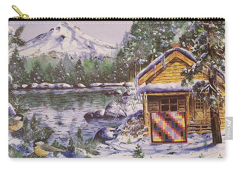 Log Cabin Zip Pouch featuring the painting Log Cabin Mountain Quilt by Diane Phalen