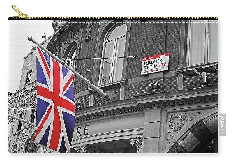 London Zip Pouch featuring the photograph London Leicester Square Sign London UK England Black and White Selective Color by Toby McGuire