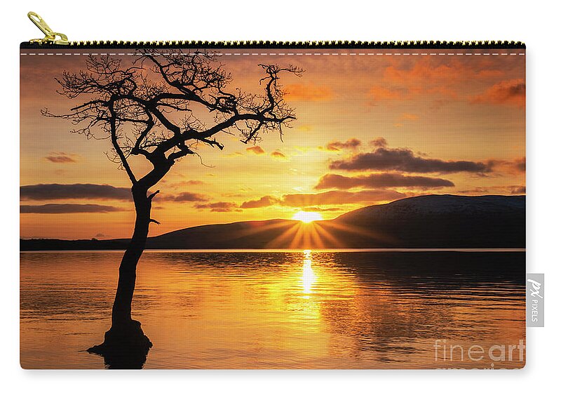 Loch Lomond Zip Pouch featuring the photograph Lone tree sunset starburst at Milarrochy Bay, Loch Lomond, Scotland by Neale And Judith Clark