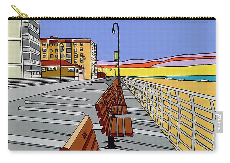Long Beach Boardwalk Long Island Ocean Atlantic Zip Pouch featuring the painting Long Beach Boardwalk Sunrise by Mike Stanko