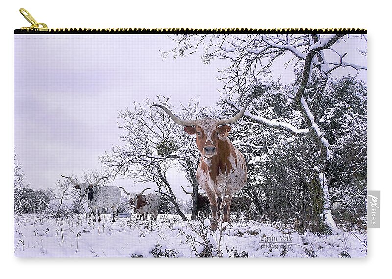 Texas Longhorns Wall Art Zip Pouch featuring the photograph longhorn cow Swallowtail in the snow by Cathy Valle