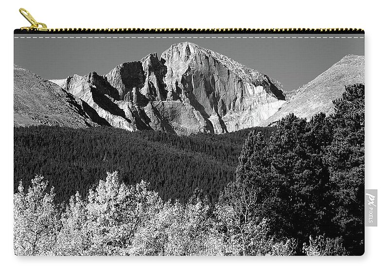 Mountains Zip Pouch featuring the photograph Longs Peak Autumn Aspen Landscape View BW by James BO Insogna