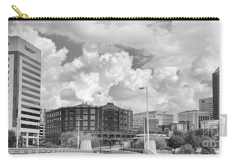 Rich Zip Pouch featuring the photograph Looking Across The Rich Street Bridge Panorama Black And White by Adam Jewell